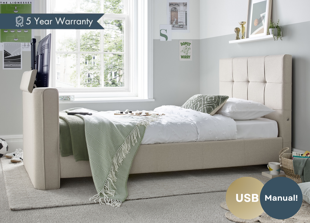 Alpha Single TV Bed In Stone - 32" TV Capacity with USB Charging with 10% OFF!