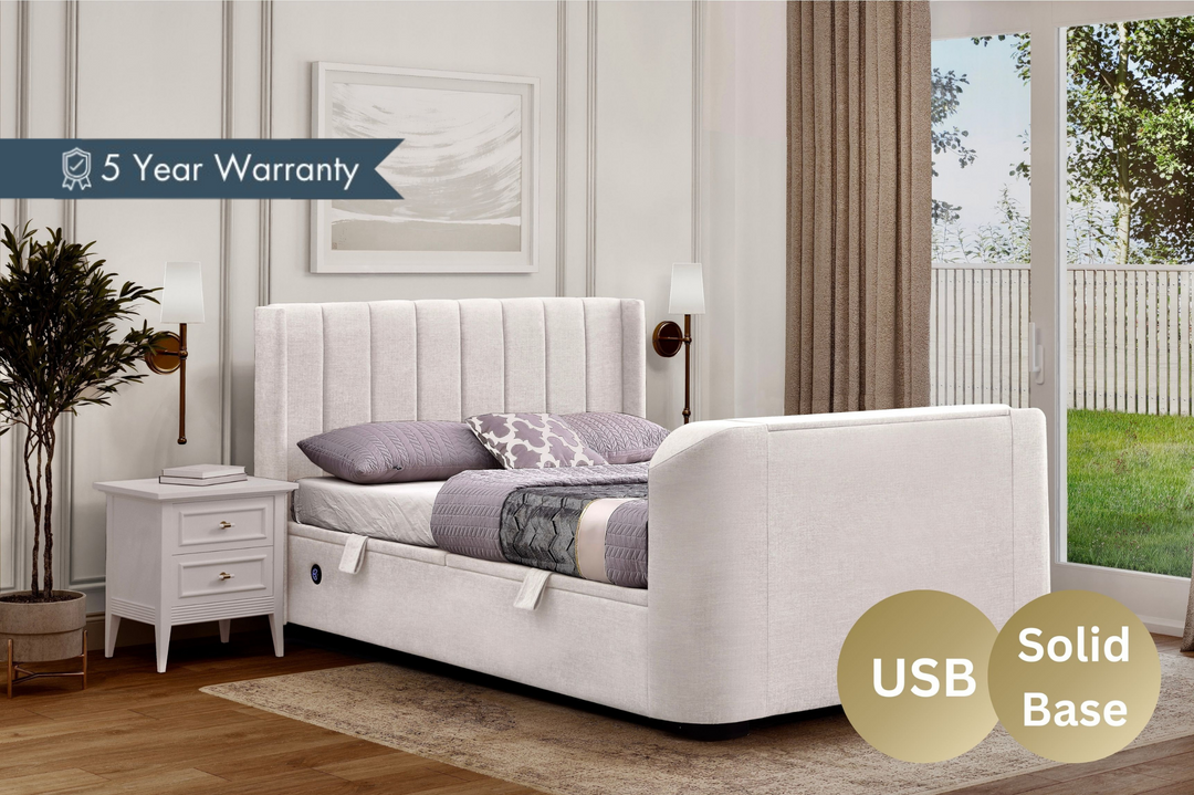 Atom II Ottoman Storage TV Bed in Natural Cream Fabric with USB Charging
