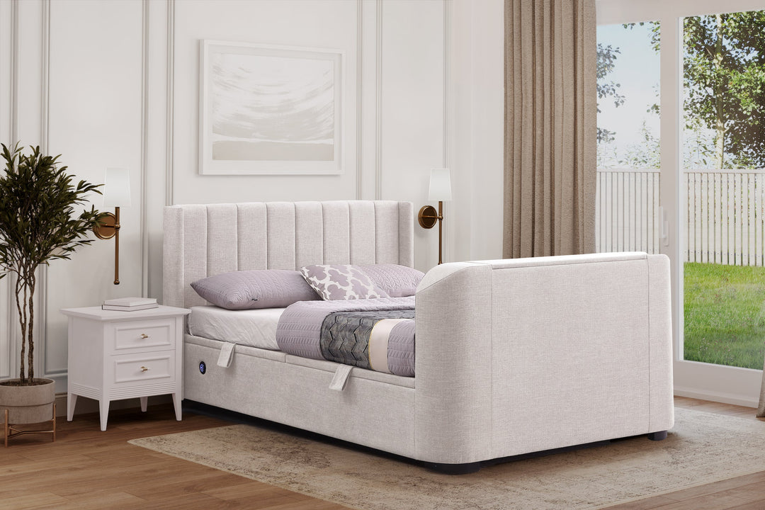 Atom Ottoman Storage SUPER KING TV Bed  in Cobble Stone Fabric with USB Charging