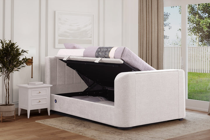 Atom Ottoman Storage SUPER KING TV Bed  in Cobble Stone Fabric with USB Charging