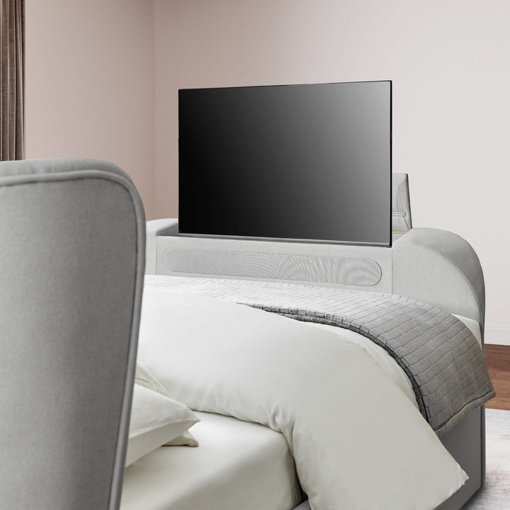 Kinsley Ottoman TV Bed With Soundbar in Steel Grey Fabric.