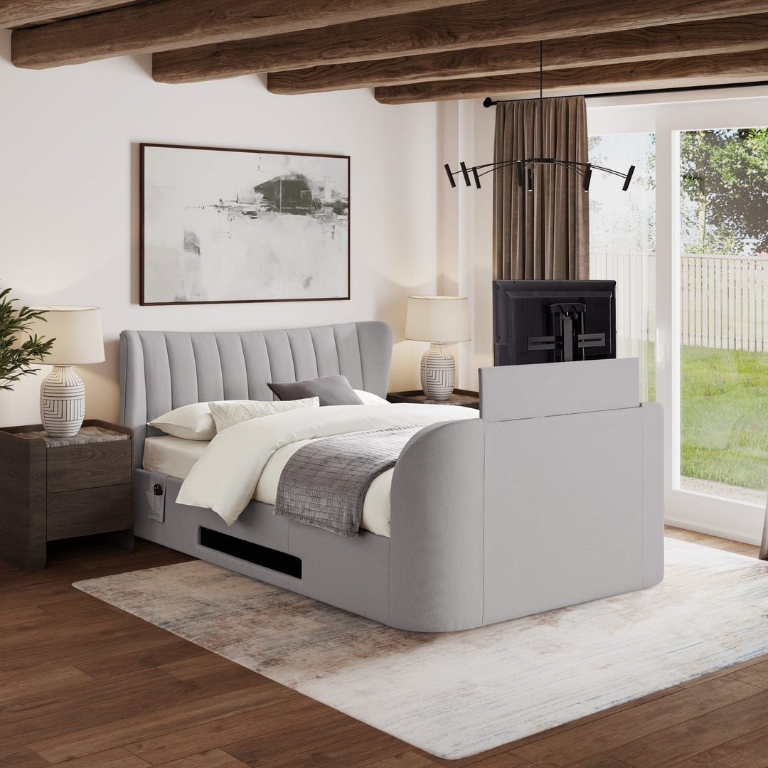 Kinsley Ottoman TV Bed With Soundbar in Steel Grey Fabric.