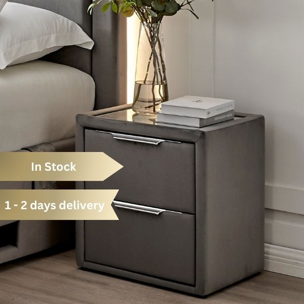 2 Drawer Grey Velvet Bed Side Unit With Glass Top & USB Charging