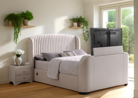 Viola Ottoman Storage TV Bed with USB Charging in Natural Cream Fabric