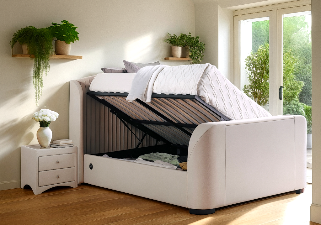 Viola Ottoman Storage TV Bed with USB Charging in Natural Cream Fabric