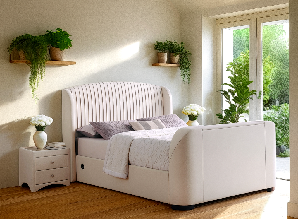 Viola Ottoman Storage TV Bed with USB Charging in Natural Cream Fabric