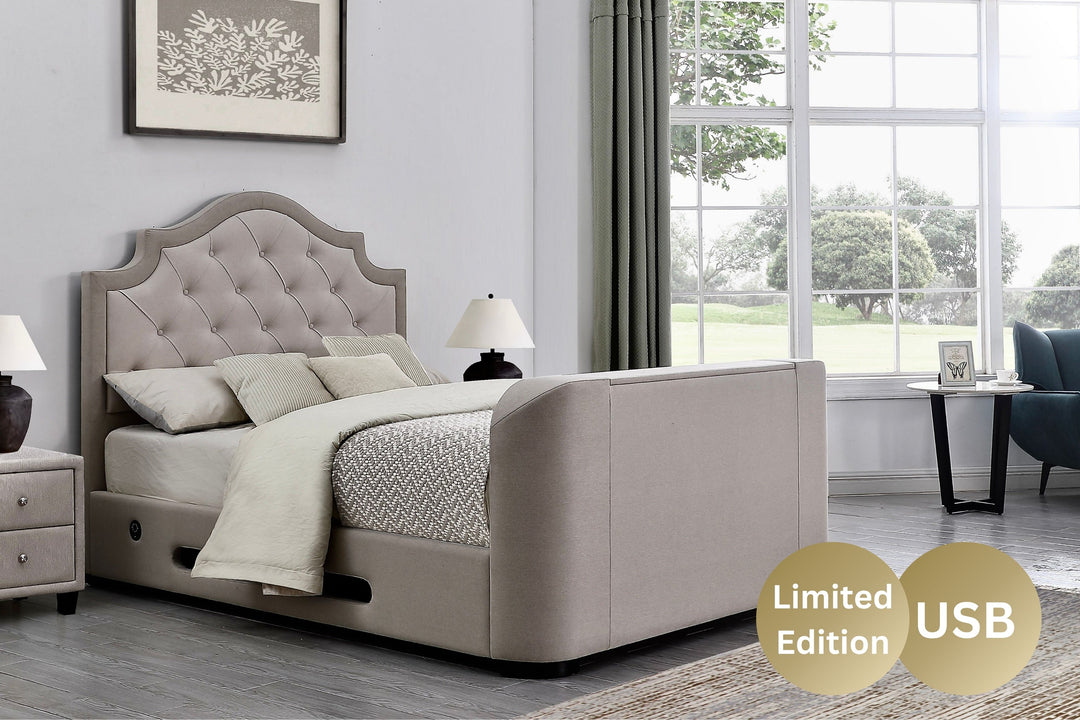 Orion Ottoman TV Bed with USB Charging in Cappuccino Fabric in SUPER KING with 50% OFF!