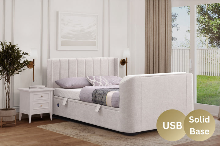 Atom Ottoman Storage TV Bed in Cobble Stone Fabric with USB Charging