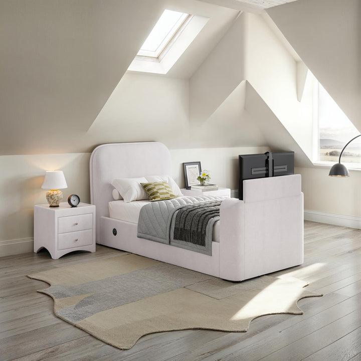 Arla Ottoman Single Storage TV Bed with USB Charging in Luxury Natural Cream Fabric.