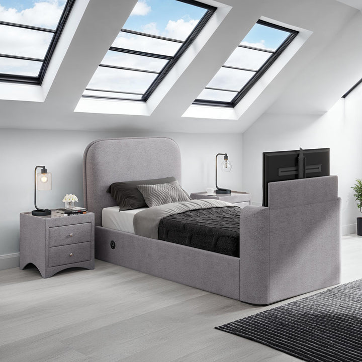 Arla Ottoman Single Storage TV Bed with USB Charging in Luxury Grey Fabric