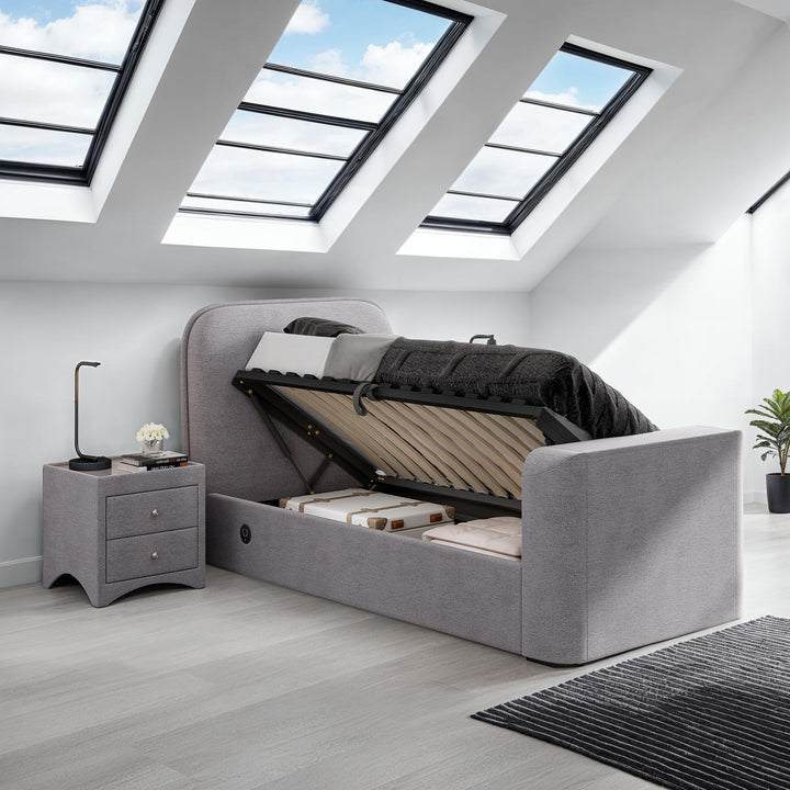 Arla Ottoman Single Storage TV Bed with USB Charging in Luxury Grey Fabric