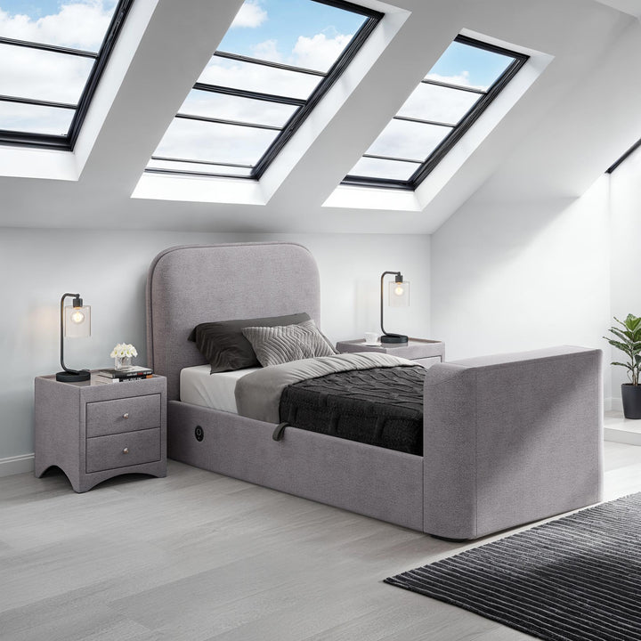 Arla Ottoman Single Storage TV Bed with USB Charging in Luxury Grey Fabric