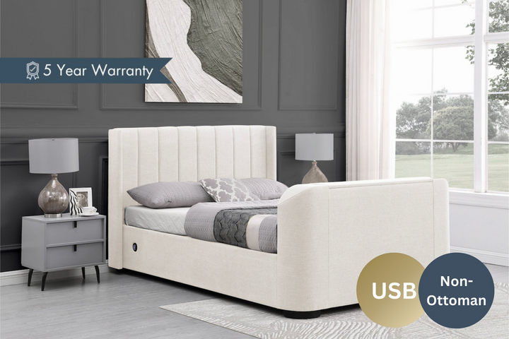 Atom II TV Bed in Natural Cream with USB Charging (non ottoman)