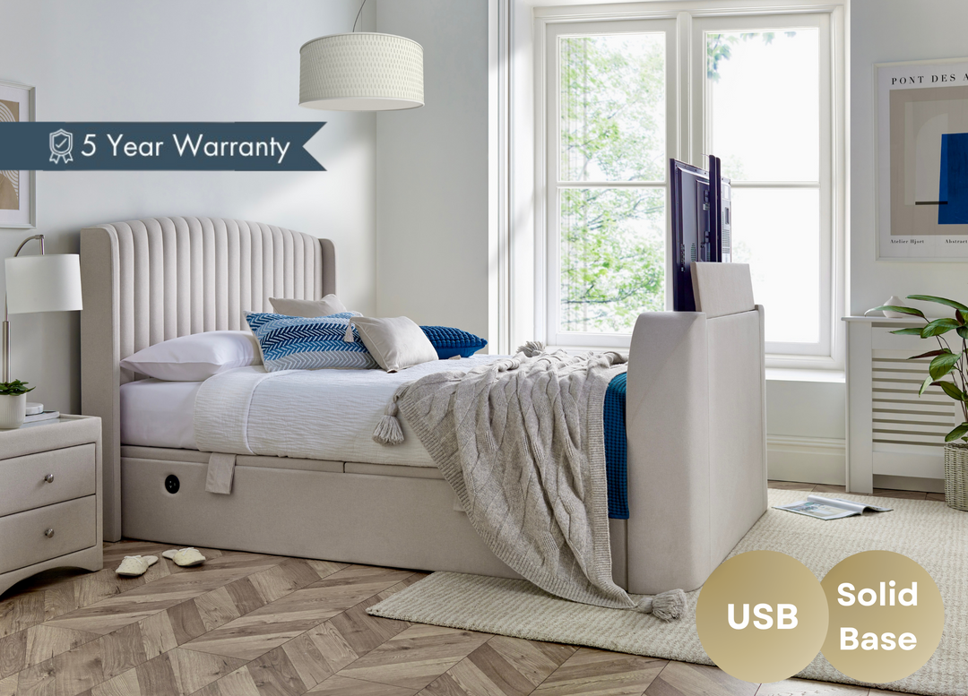 Essence Ottoman Storage TV Bed with USB Charging in Natural Cream Fabric.