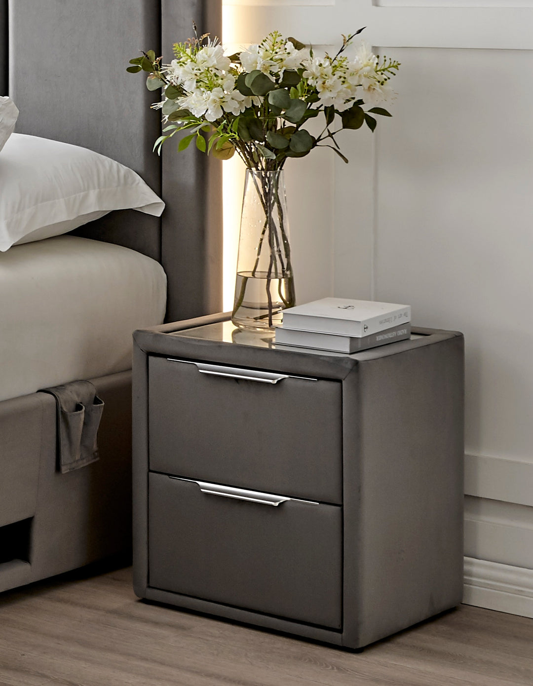 2 Drawer Grey Velvet Bed Side Unit With Glass Top & USB Charging