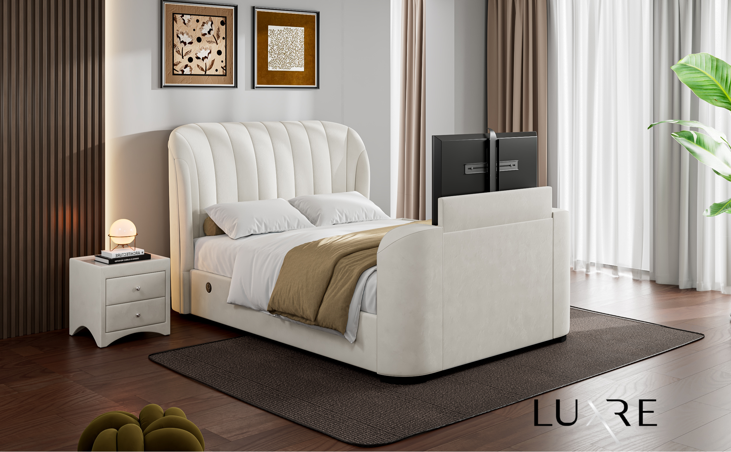 EX Display Aria Cream Velvet Ottoman King Size TV Bed with USB Charging