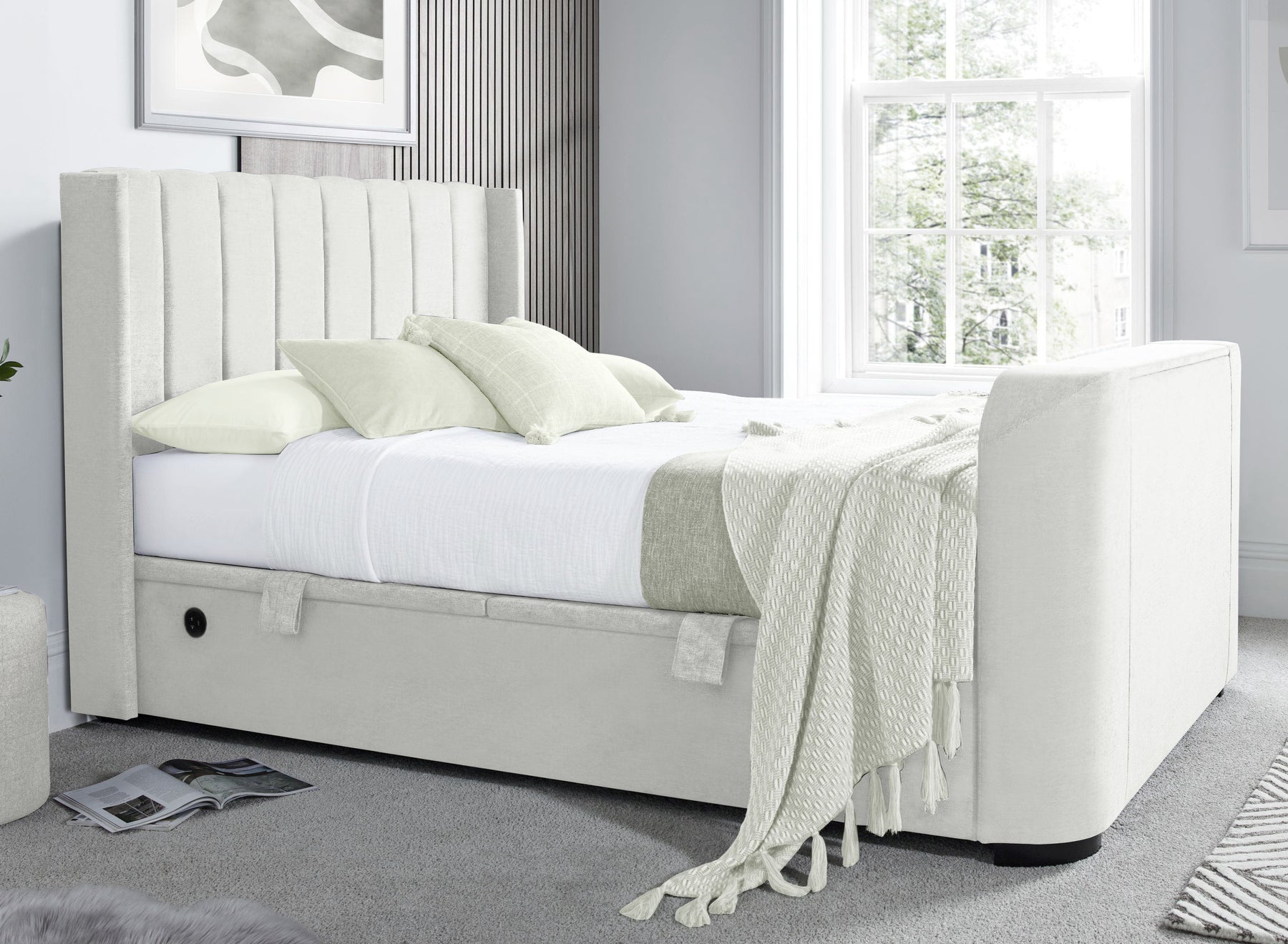 Atom II Ottoman Storage TV Bed Natural Cream Fabric Cheapest TV Bed