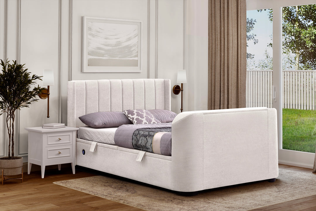 Atom II Ottoman Storage TV Bed in Natural Cream Fabric with USB Charging
