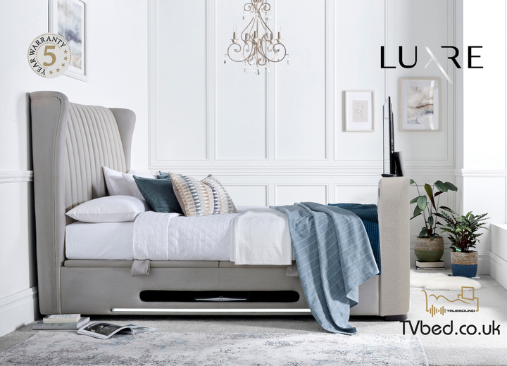Vogue True Sound 5.1 Dusk Fabric Ottoman TV Bed with USB-C Charging, Headphone Jack & LED Floor Lighting