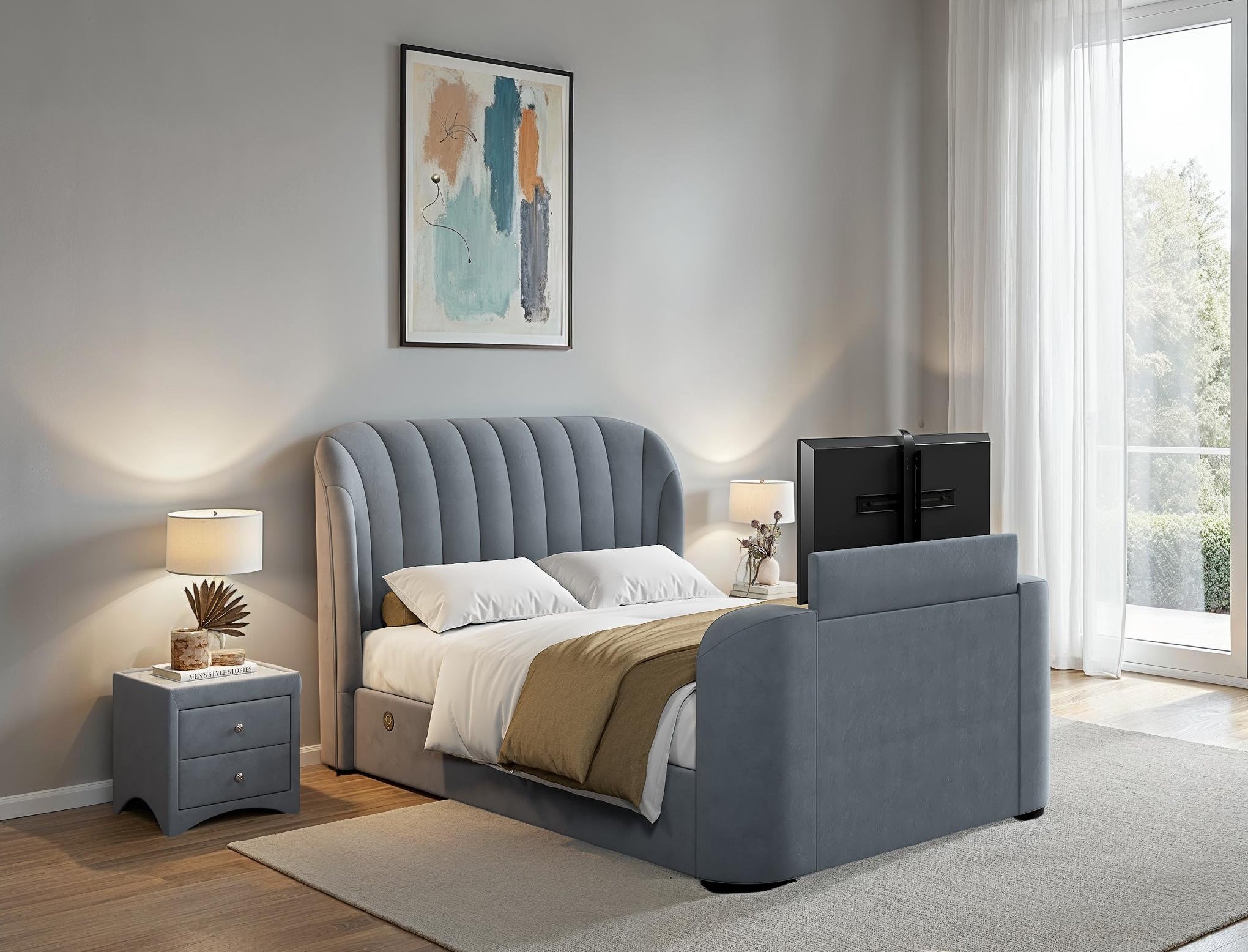 Aria Grey Velvet Ottoman TV Bed