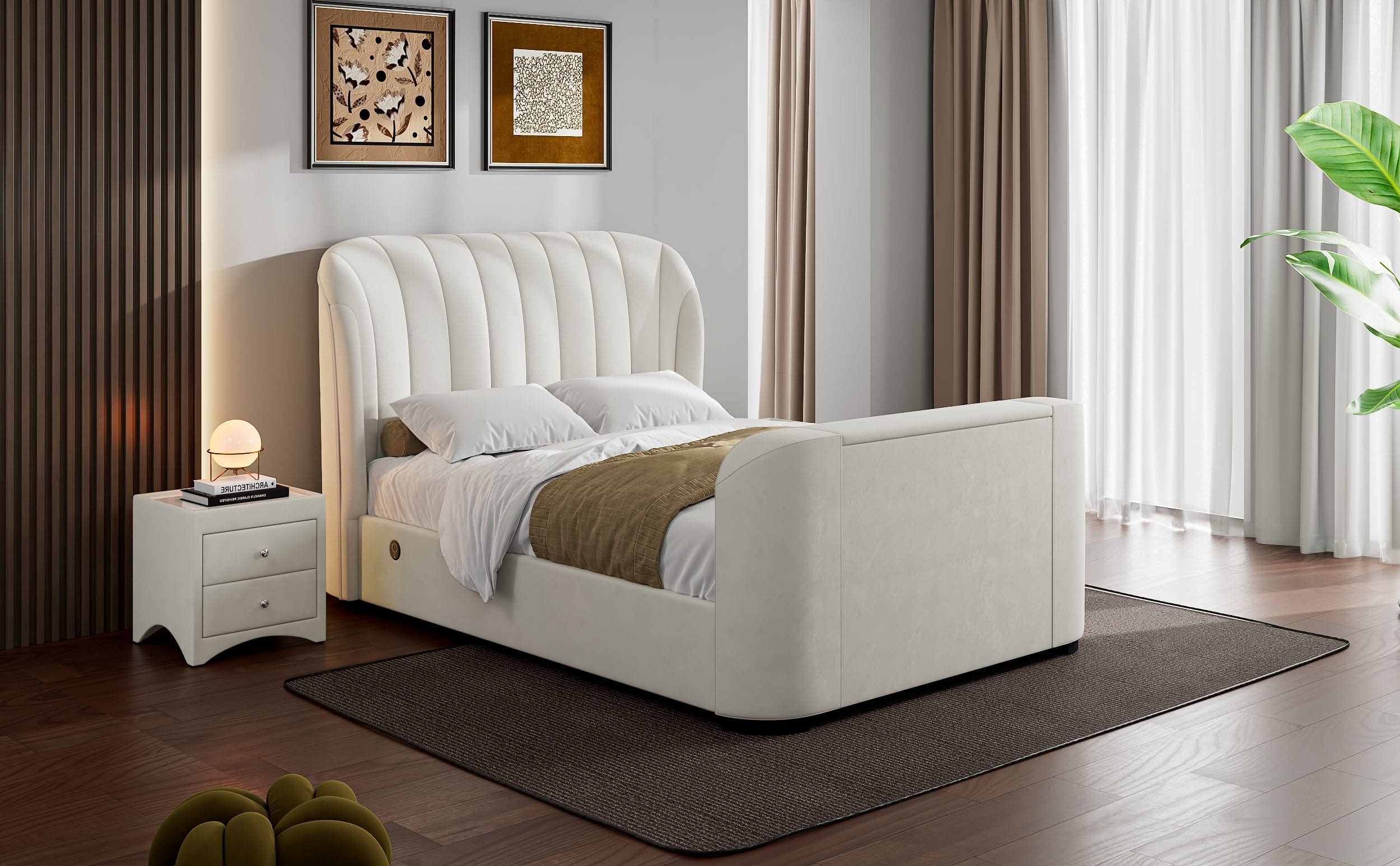 EX Display Aria Cream Velvet Ottoman King Size TV Bed with USB Charging