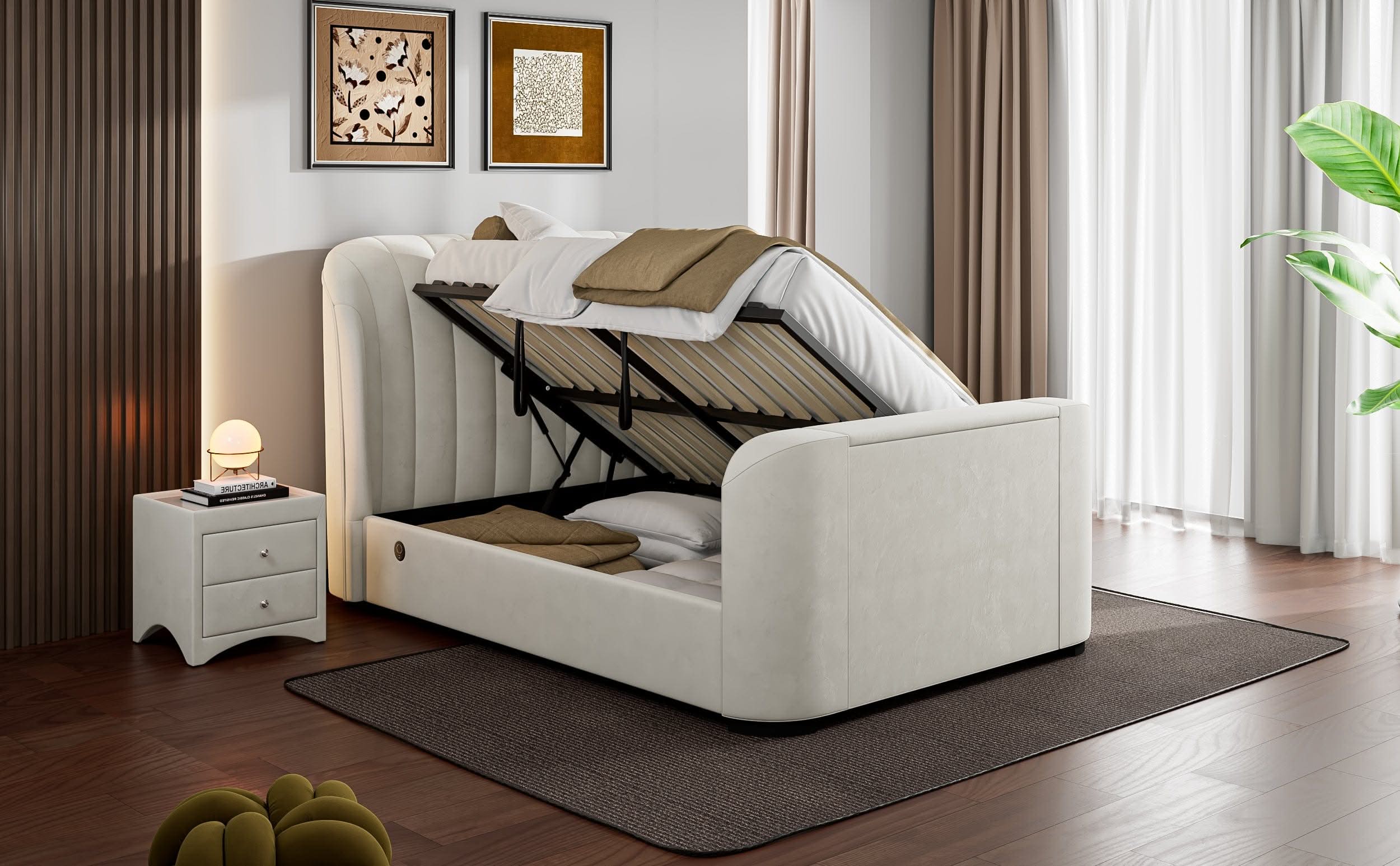 EX Display Aria Cream Velvet Ottoman King Size TV Bed with USB Charging