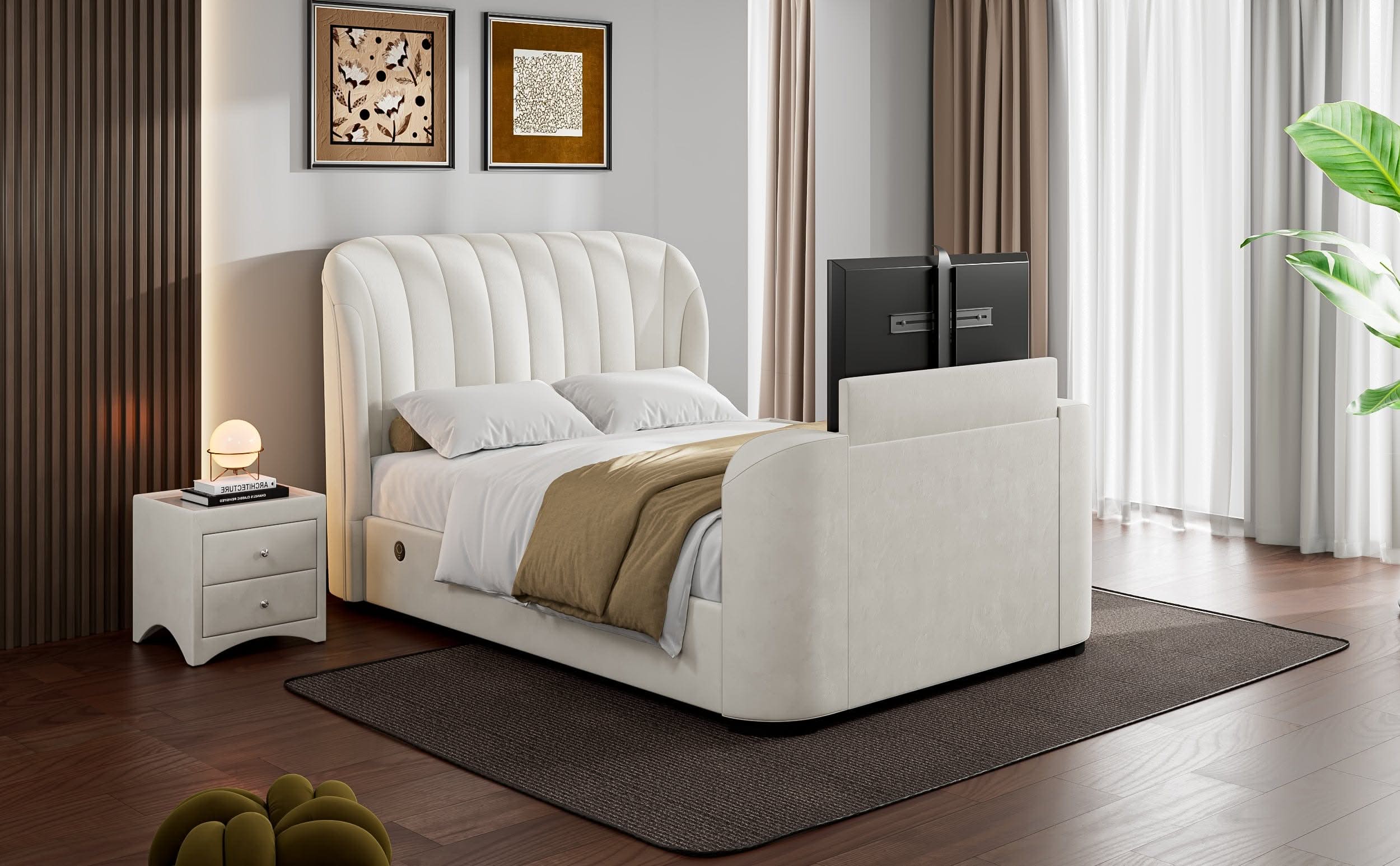 EX Display Aria Cream Velvet Ottoman King Size TV Bed with USB Charging