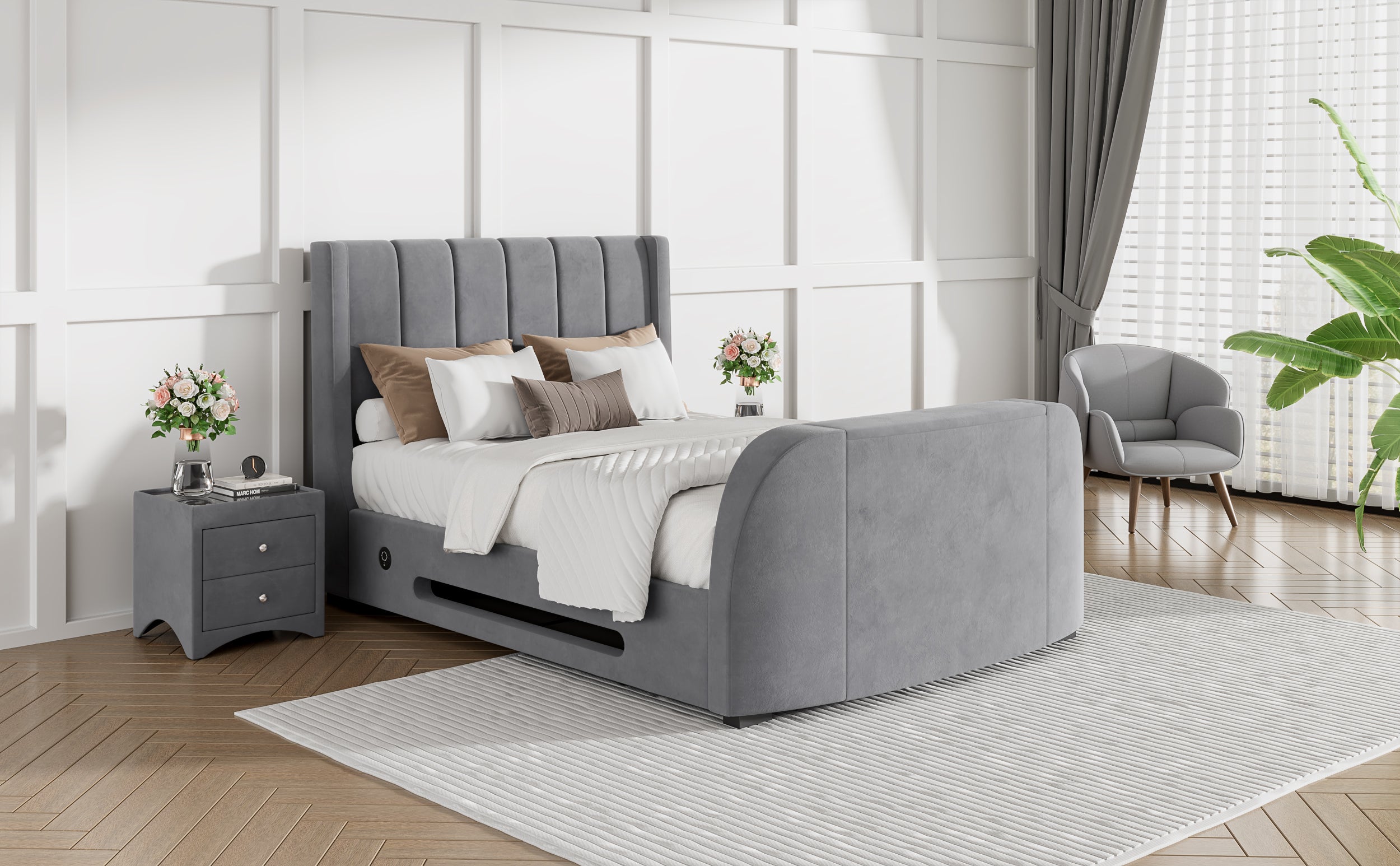 Solace Super King Ottoman TV Bed  in Grey Velvet