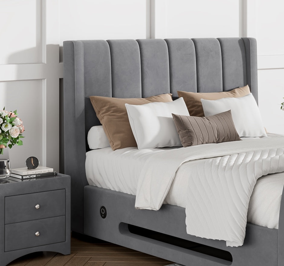 Solace Super King Ottoman TV Bed  in Grey Velvet