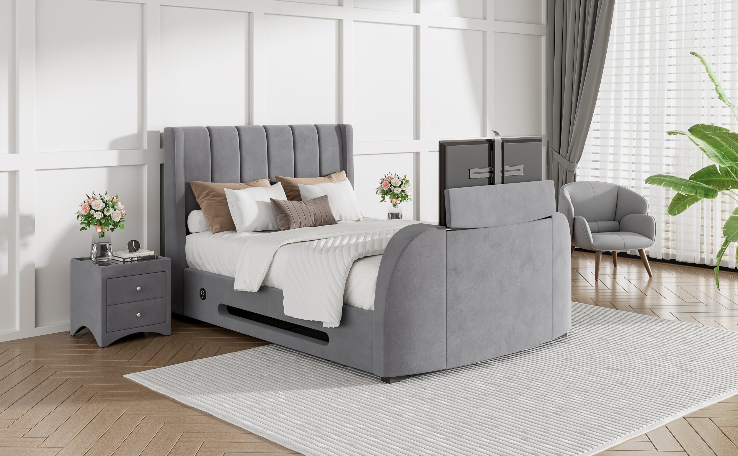 Solace Super King Ottoman TV Bed  in Grey Velvet