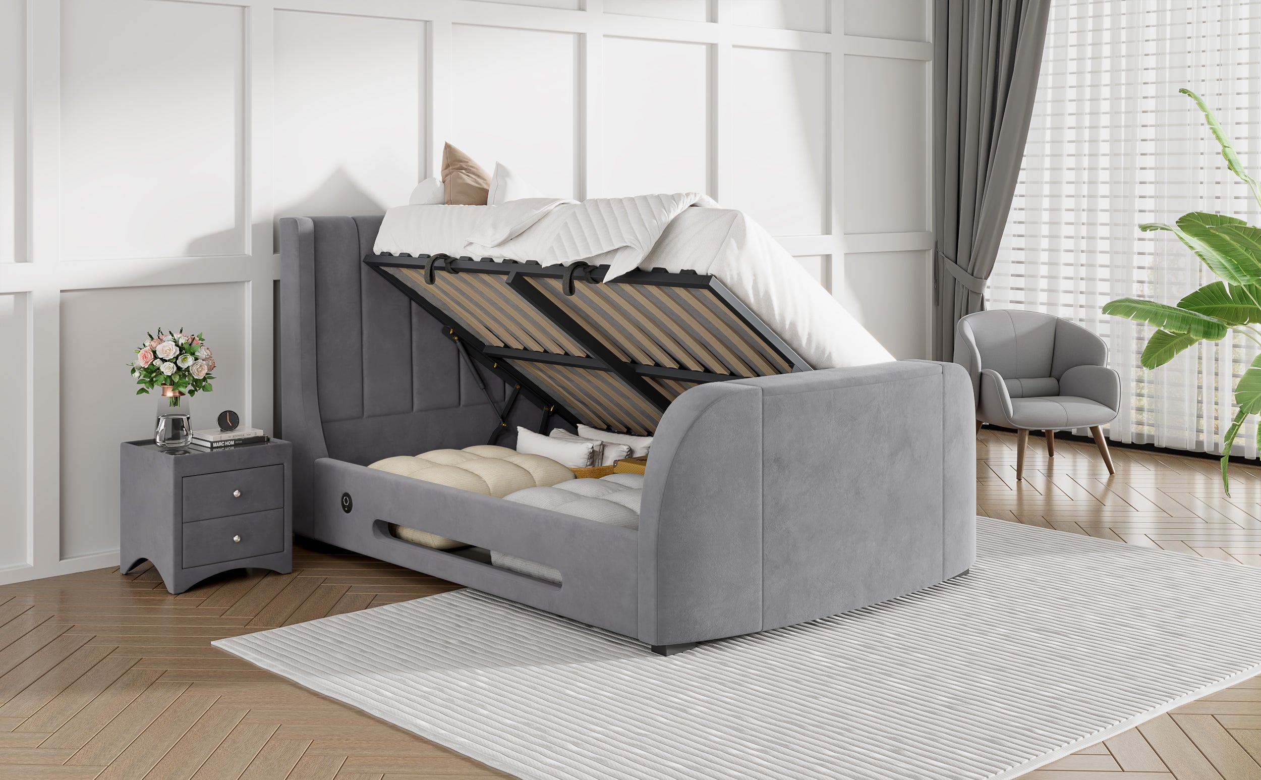 Solace Super King Ottoman TV Bed  in Grey Velvet