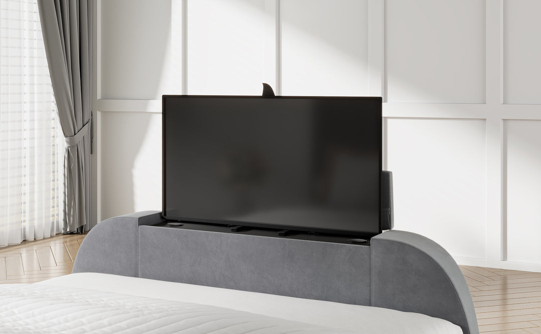 Solace Ottoman TV Bed  in Grey Velvet with USB Charging