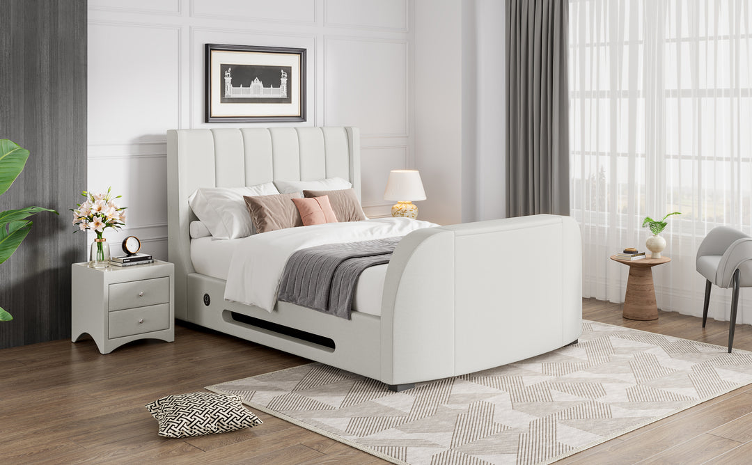 Solace Super King Ottoman TV Bed  in Natural Cream  with USB Charging - 20% OFF!
