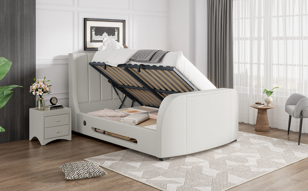 Solace Super King Ottoman TV Bed  in Natural Cream  with USB Charging - 20% OFF!