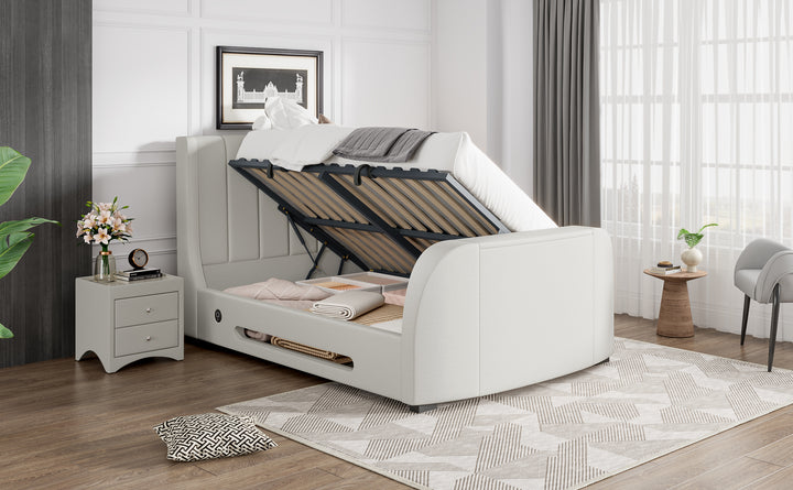 Solace Super King Ottoman TV Bed  in Natural Cream  with USB Charging - 20% OFF!