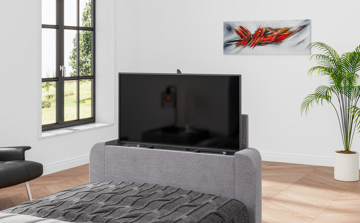 Arla Ottoman Single Storage TV Bed with USB Charging in Luxury Grey Fabric