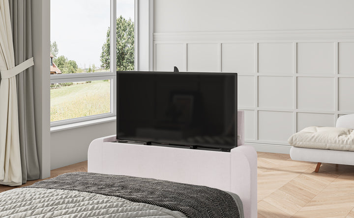Arla Ottoman Single Storage TV Bed with USB Charging in Luxury Natural Cream Fabric.