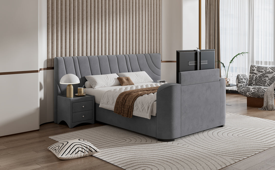 Valencia Grey Velvet Ottoman TV Bed with 2 Side Units with £600 OFF!