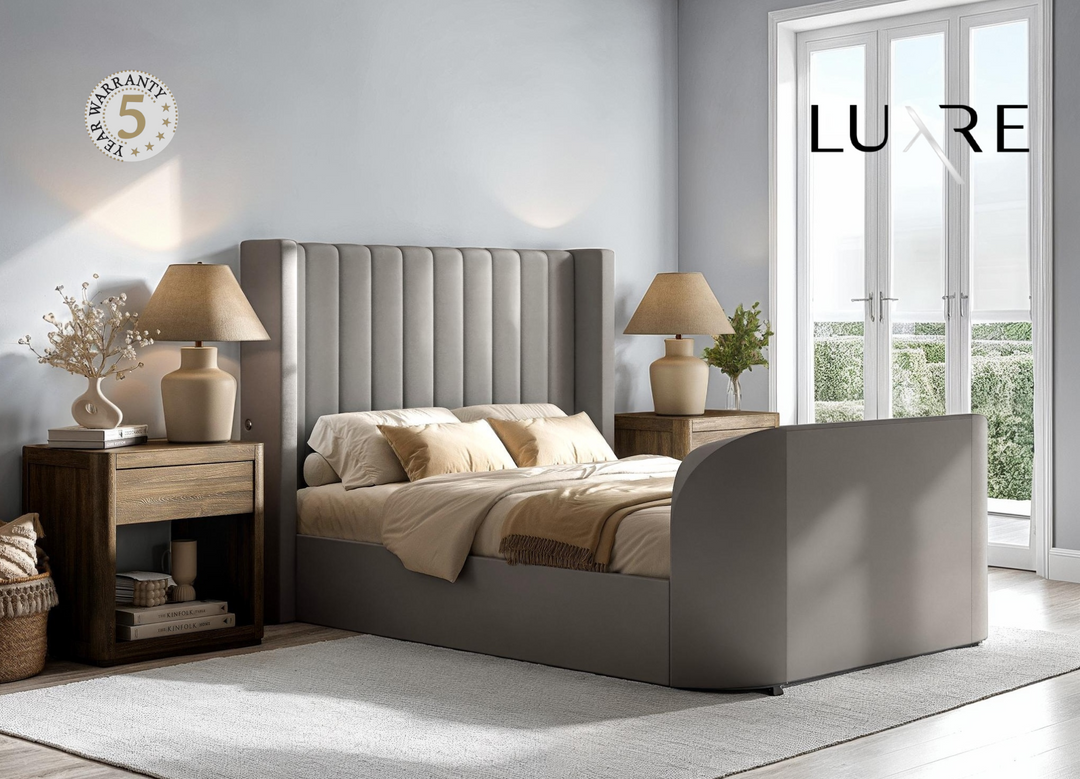 Astra Ottoman TV Bed in Grey Velvet with Dual USB Charging with £400 OFF!