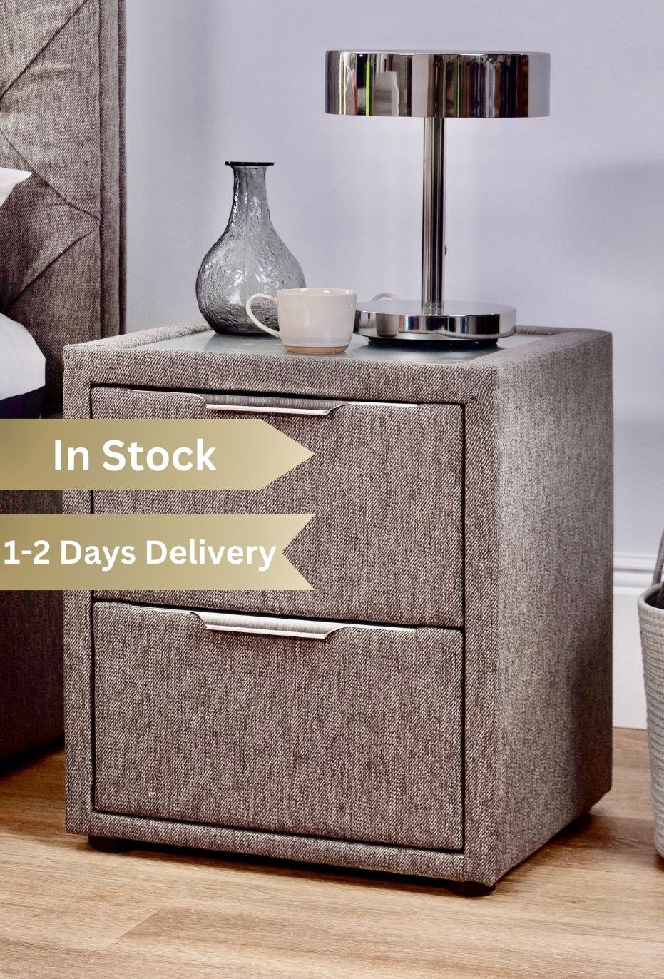 2 Drawer Cream Velvet Side Unit with Glass Top TV Bed