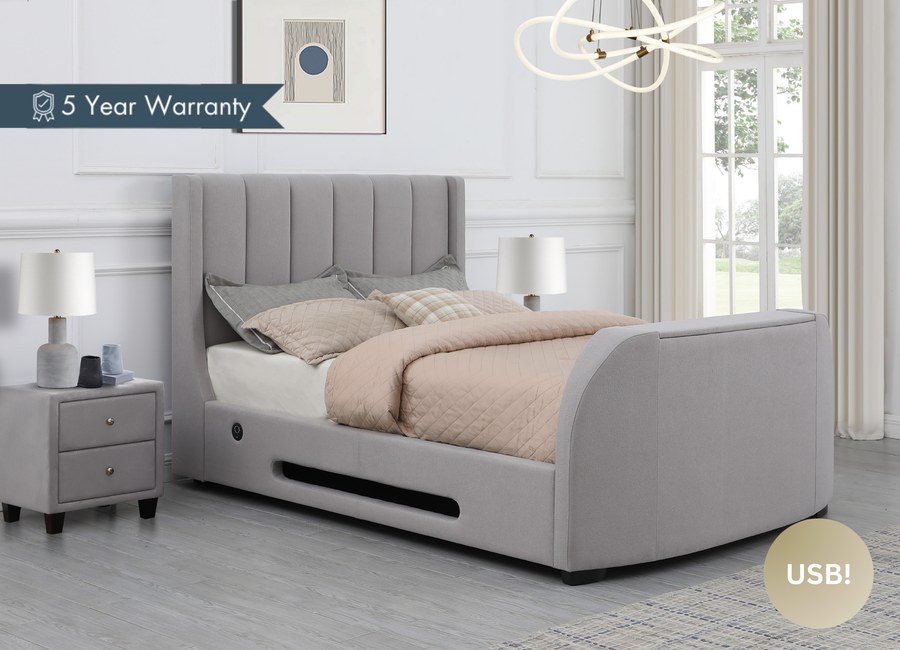 Solace Ottoman TV Bed in Boucle Mellow Grey with USB Charging.