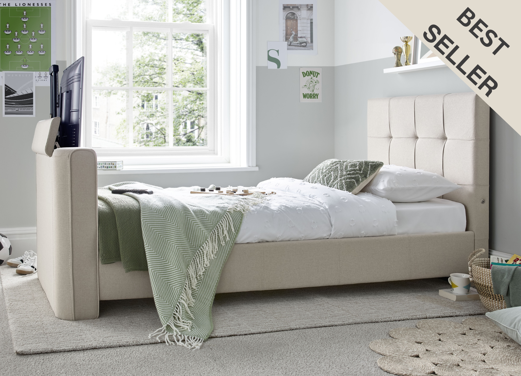 Alpha Manual Single TV Bed In Light Stone