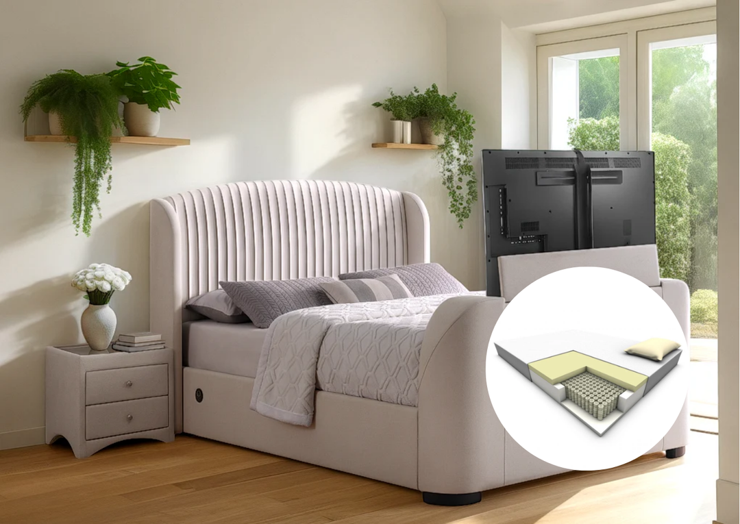 BUNDLE DEAL £850 OFF! Viola Ottoman in Natural Cream Fabric Double with £600.00 OFF + Nest P1 Mattress 50%OFF!