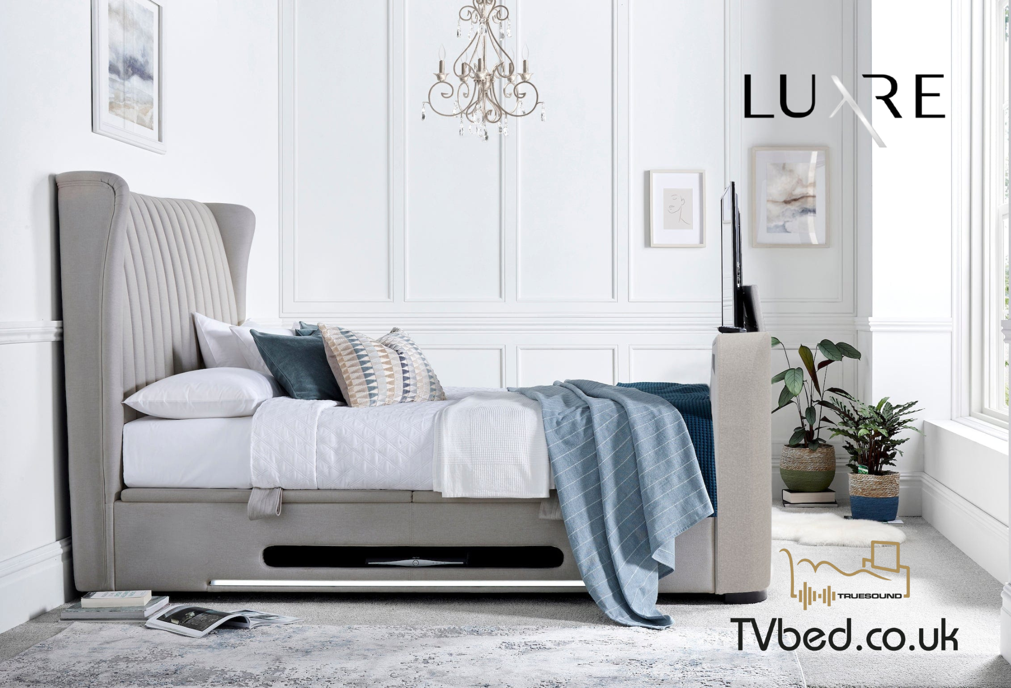 EX DISPLAY Vogue True Sound 5.1 Ottoman TV Bed in Dusk Fabric(No LED floor lighting)