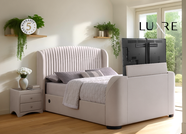 Viola Ottoman Storage TV Bed with USB Charging in Natural Cream Fabric with £600.00 OFF!