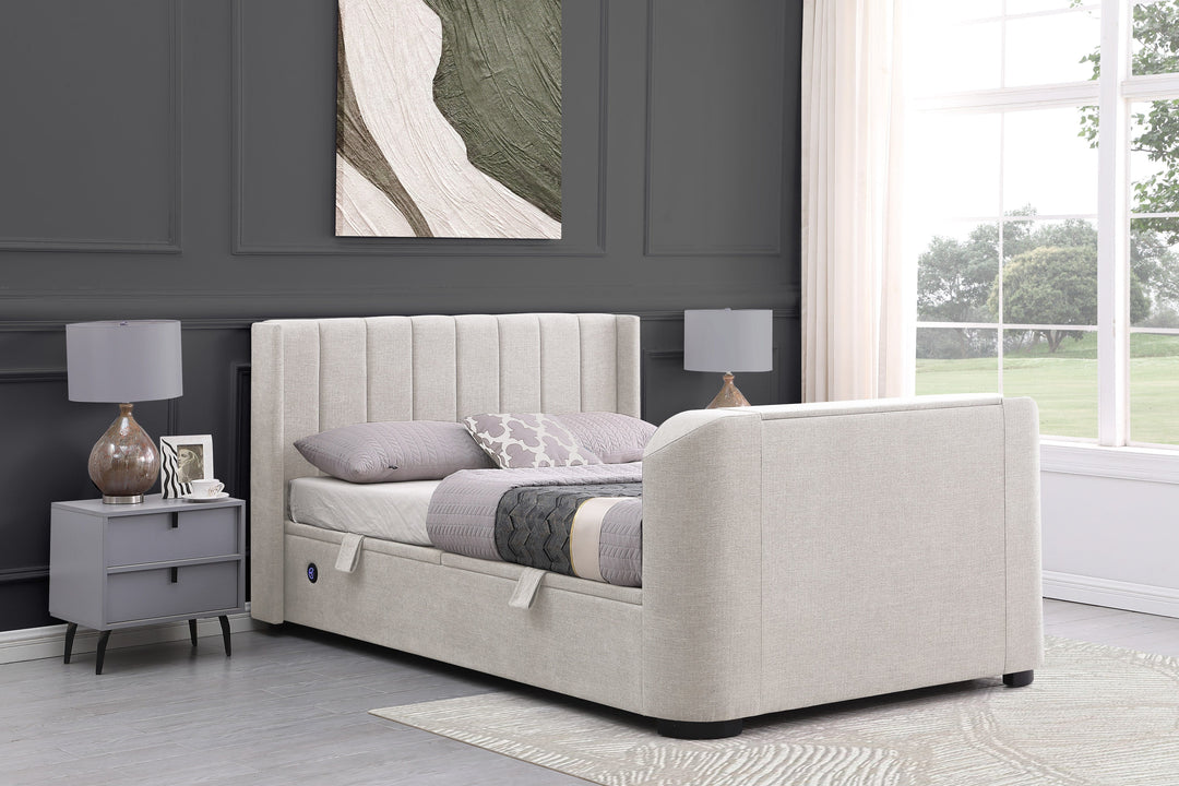 Atom Ottoman Storage TV Bed in Stone Fabric with USB Charging