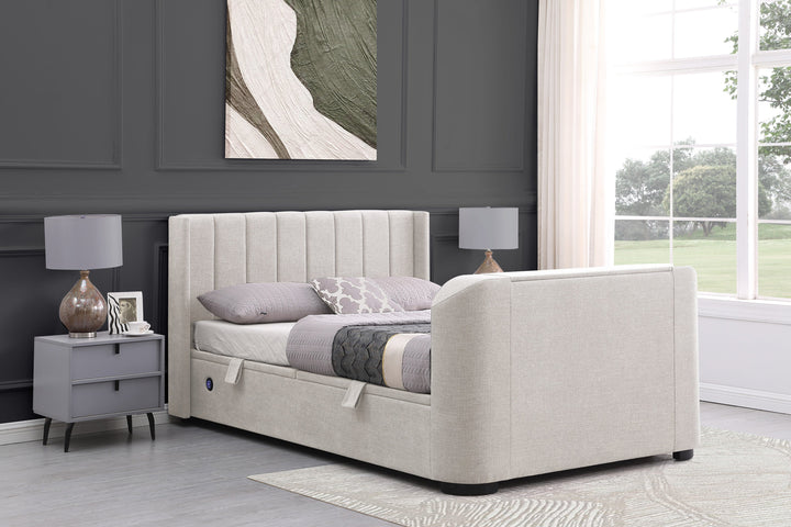 Atom Ottoman Storage TV Bed in Stone Fabric with USB Charging
