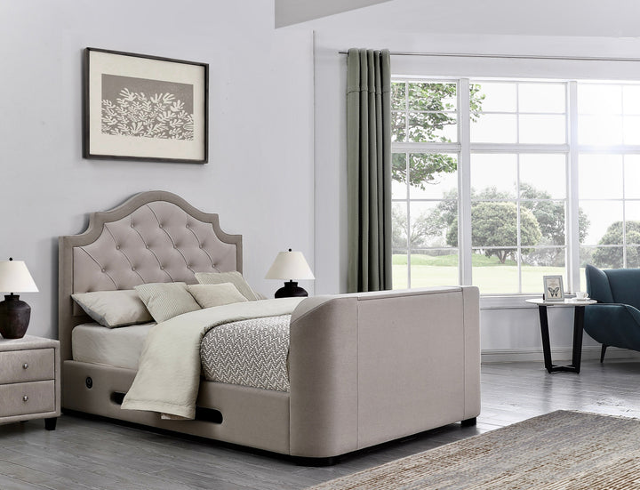 Orion Ottoman TV Bed with USB Charging in Cappuccino Fabric in SUPER KING with 50% OFF!