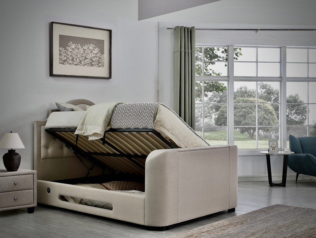 Orion Ottoman TV Bed with USB Charging in Cappuccino Fabric with 30% OFF! (Discount Already Applied)