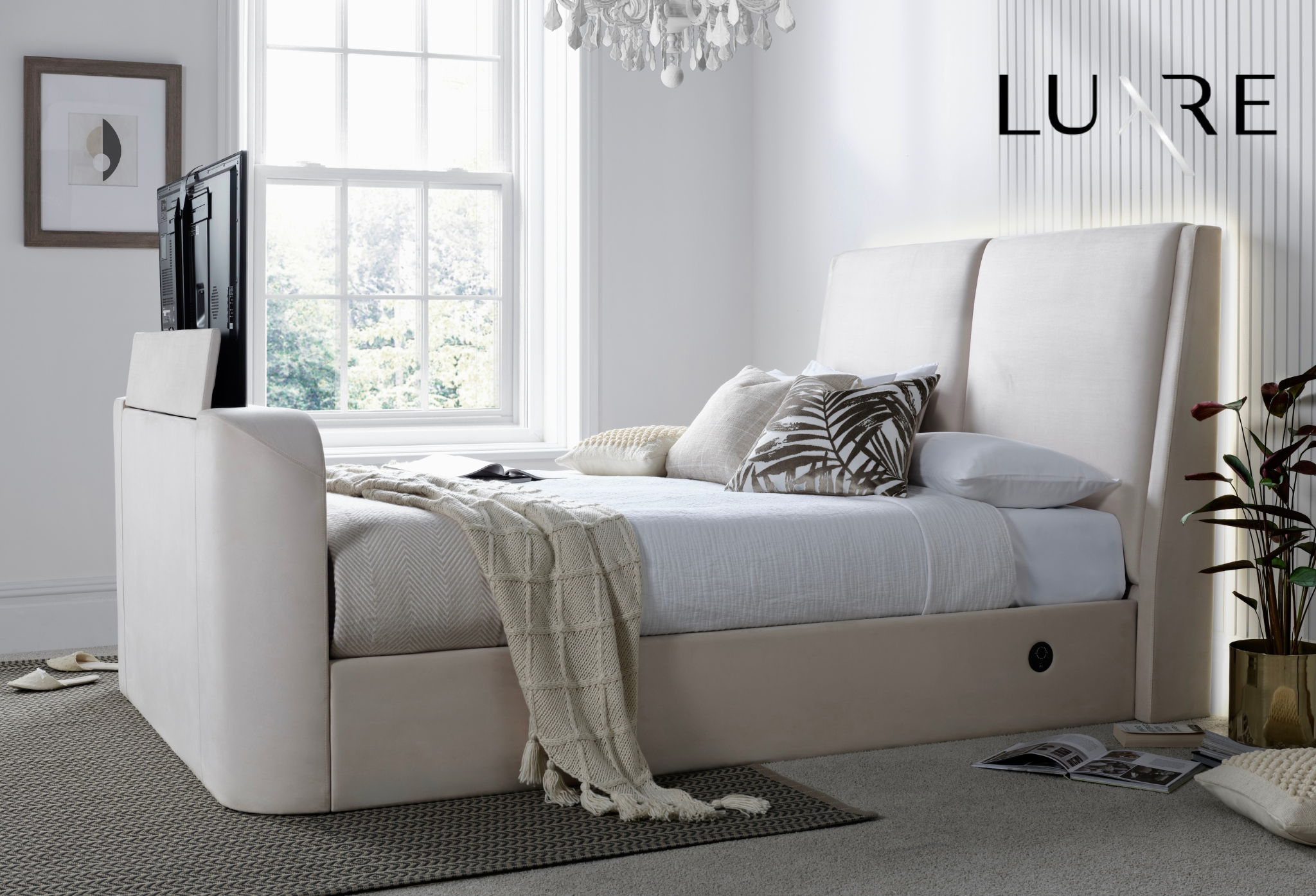 Vega Ottoman TV Bed  in Luxury Cream Faux Suede